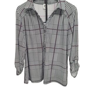 Anne Klein Womens 1X Houndstooth Plaid Roll Tab Sleeve V-Neck Blouse Black White